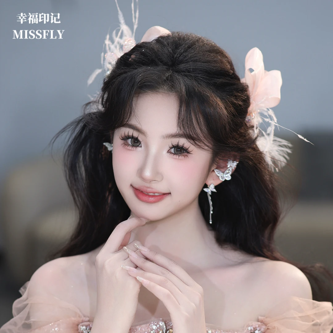 韩式礼服新娘头饰粉色蝴蝶羽毛对夹婚纱秀禾汉服新中式发饰超仙
