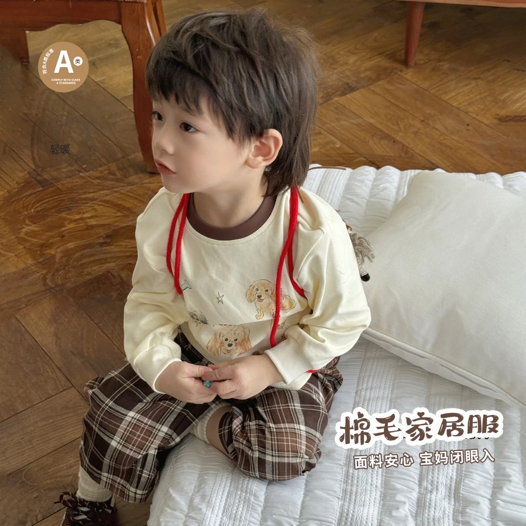 【嘿甜心】春秋儿童卡通小狗圆领棉毛家居服套装-26966