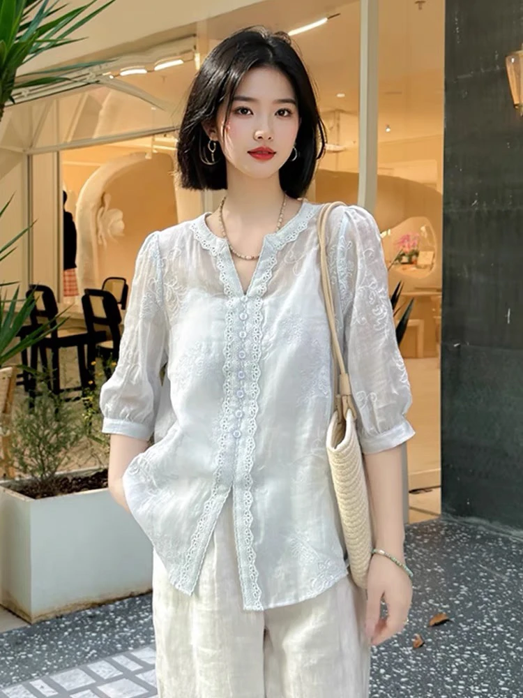 南油朱朱2V领麻衬衣876