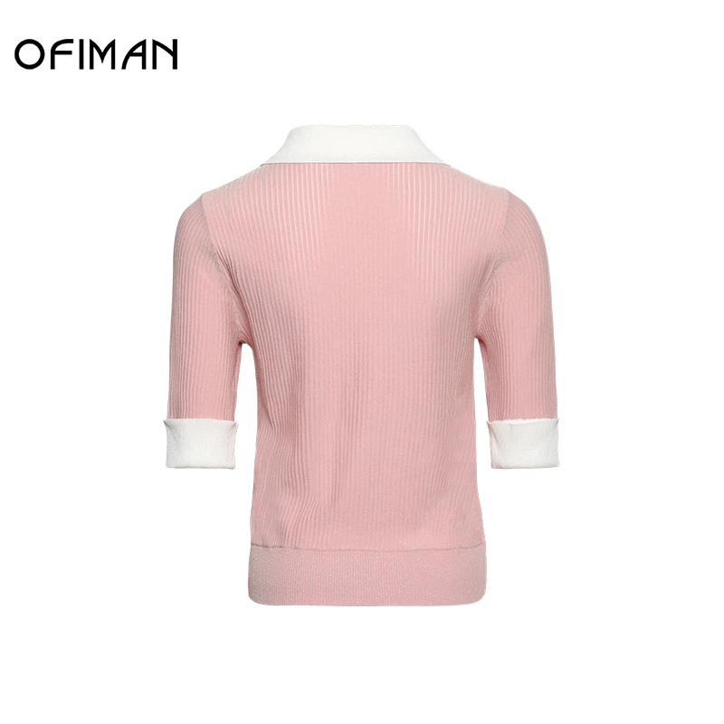 【粉丝专属】ofiman翻领简约短袖上衣修身亲肤针织纱线短款针织衫