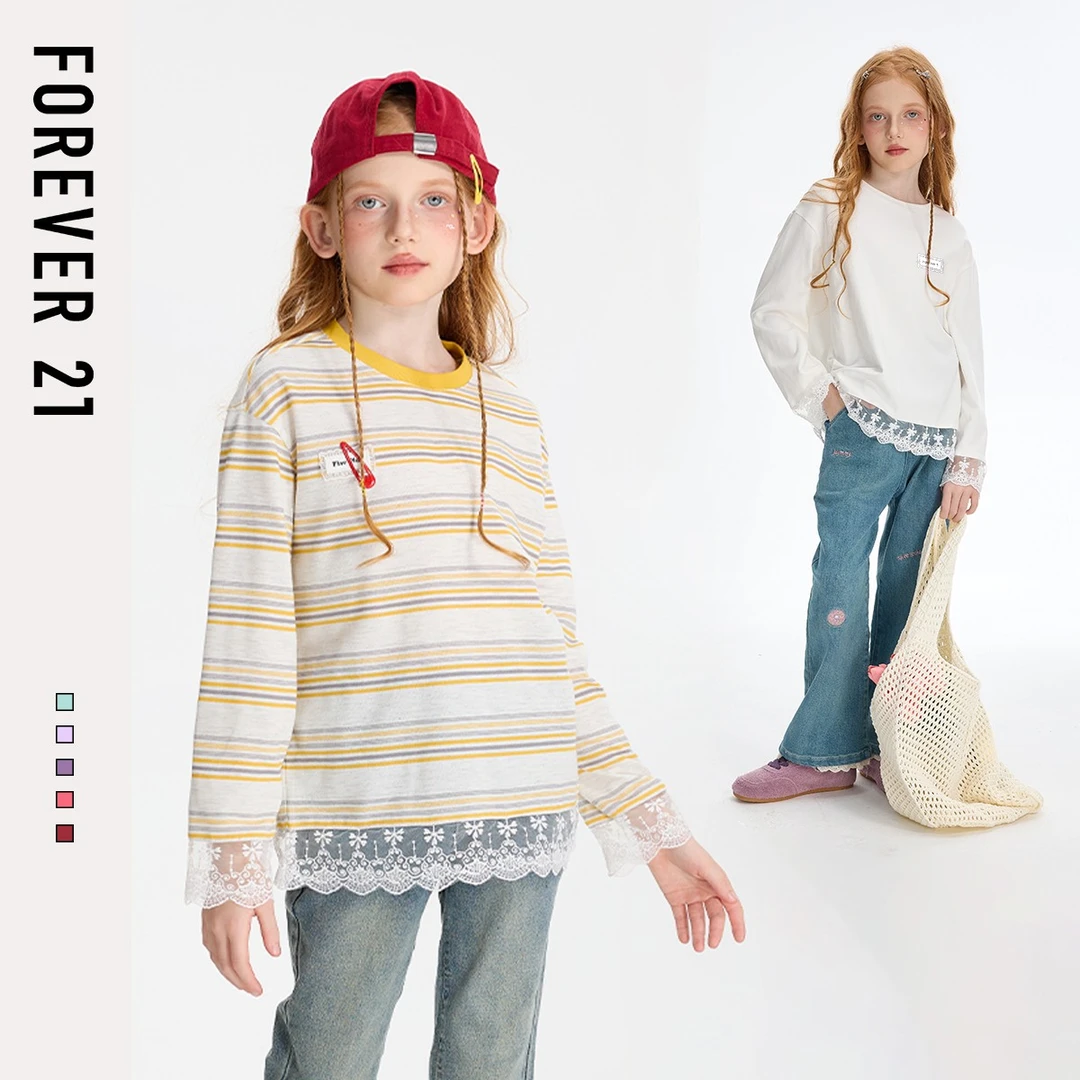 Forever 21女童秋装上衣洋气时髦条纹女孩长袖儿童可爱超萌衣服