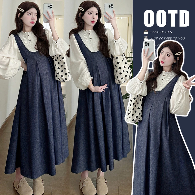 懒洋洋~大码时尚孕妇装春季新品韩版衬衣+牛仔背带裙 孕妇套装