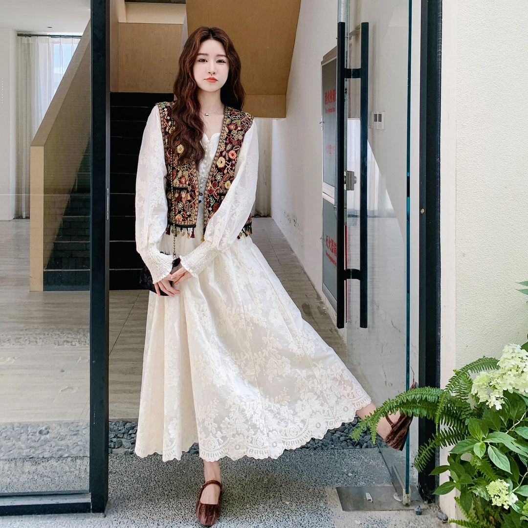实拍波西米亚流苏马甲提花长裙两件套2025秋款蕾丝拼接V领连衣裙