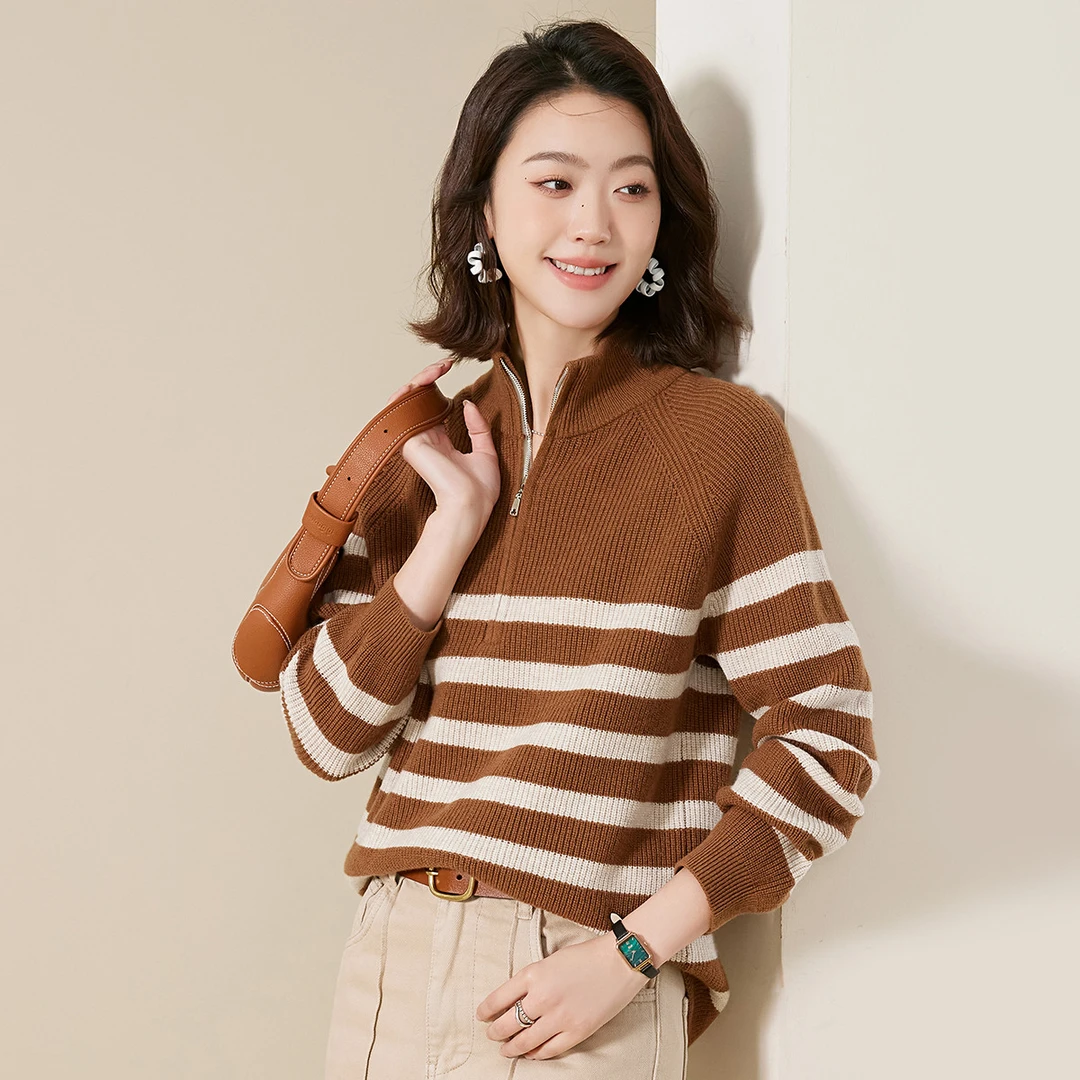 【赛兔】100%羊毛衫半拉链撞色条纹提花毛衣340235049【专属】