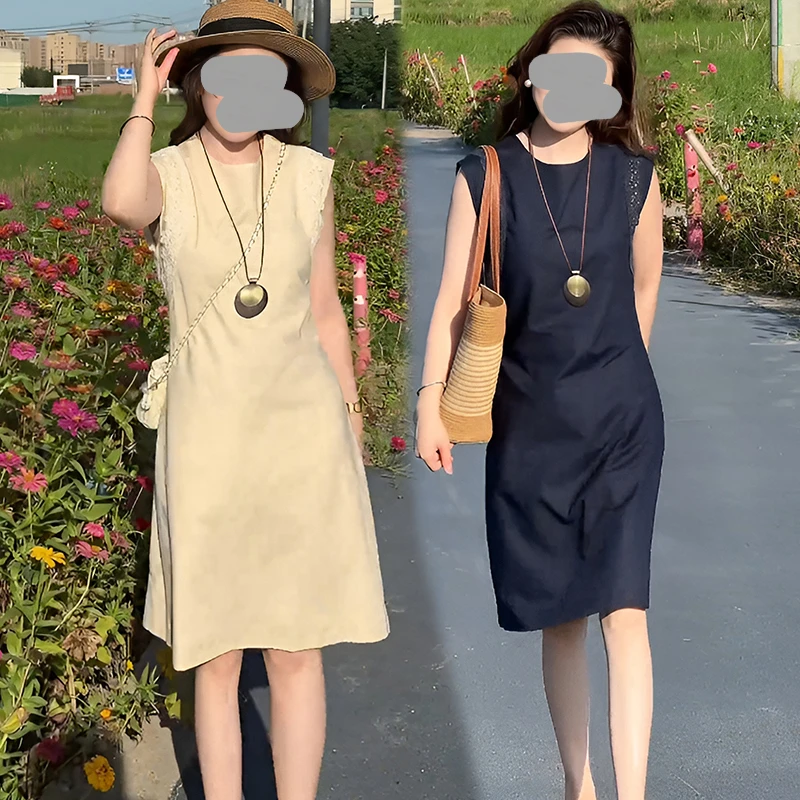 无袖连衣裙女2025夏季新款设计感蕾丝拼接夏季拼接花边设计连衣裙