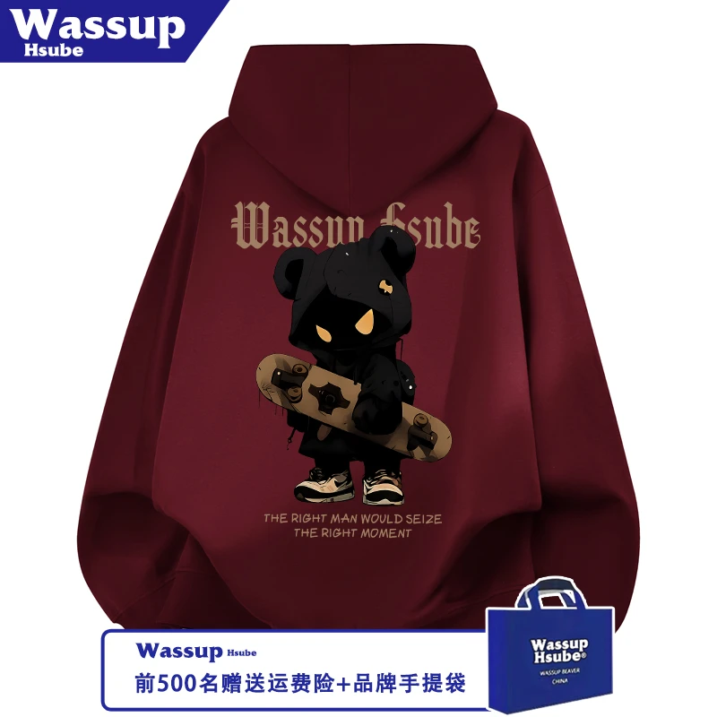 WASSUP HSUBE小熊印花卫衣秋冬男女款炫酷开衫拉链酒红色连帽外套
