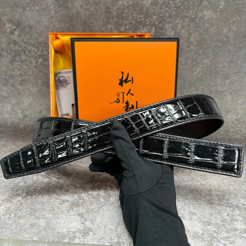 3.5宽自动扣鳄鱼皮腰带无拼接鳄鱼皮带
