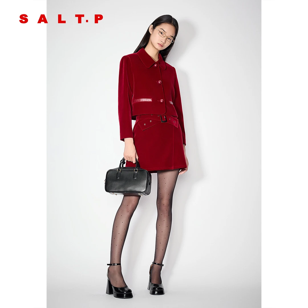 SALT.P可颜枣红丝绒质感正肩短款版型外套2025年秋季新款外套