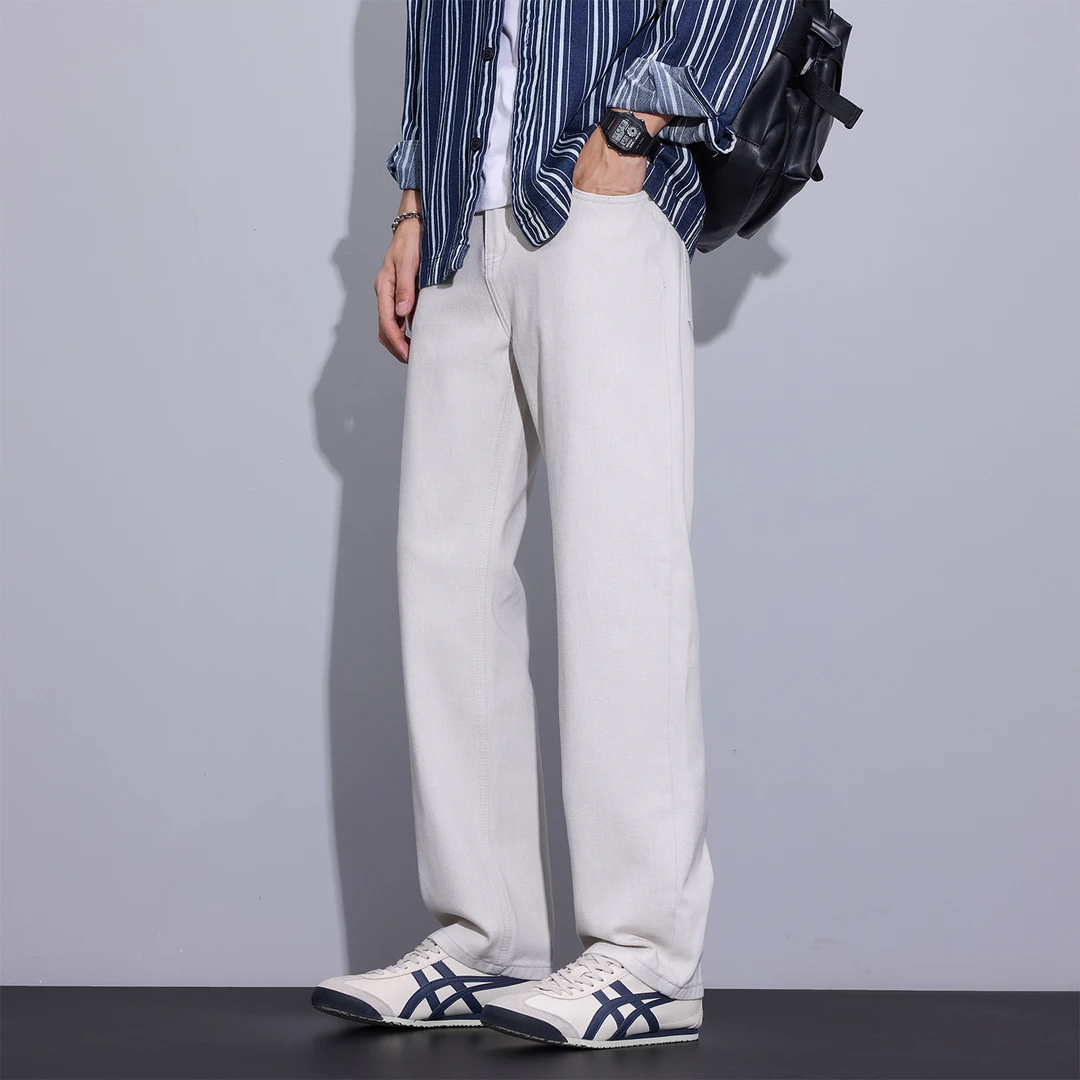 Kuvine2025秋季新款宽松直筒美式潮牌米白色简约舒适弹力牛仔裤男