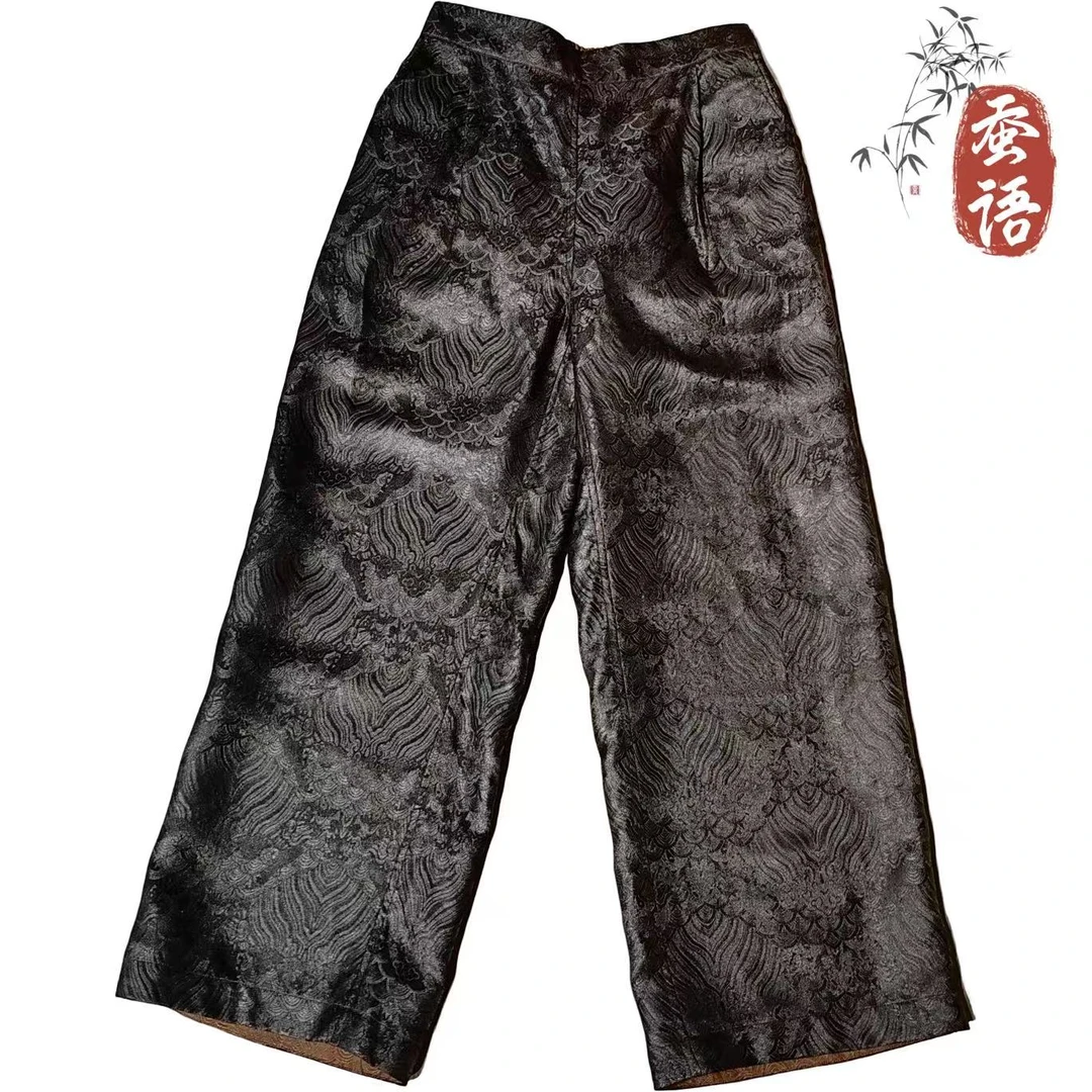 【江水海涯阔腿裤】桑蚕丝香云纱45姆米老油皮双面双穿直筒阔腿裤