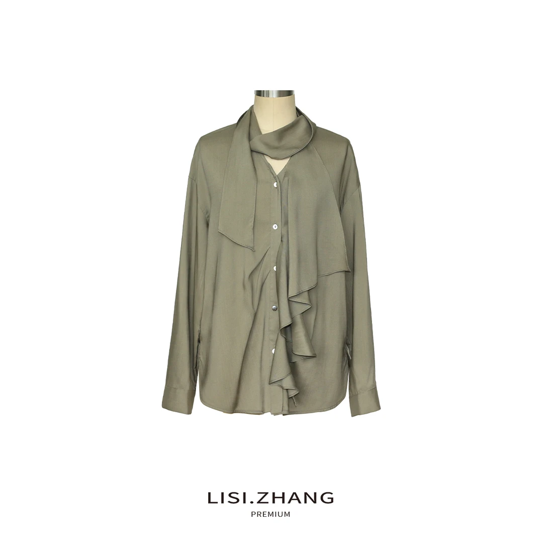 LISI.ZHANG--【时尚天丝衬衫】不规则波浪门襟设计飘带天丝衬衣