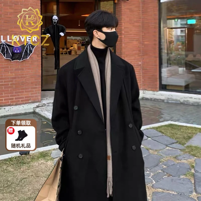 KTCZ冬季毛呢大衣男中长款韩版过膝加厚呢子外套ins潮流韩系风衣