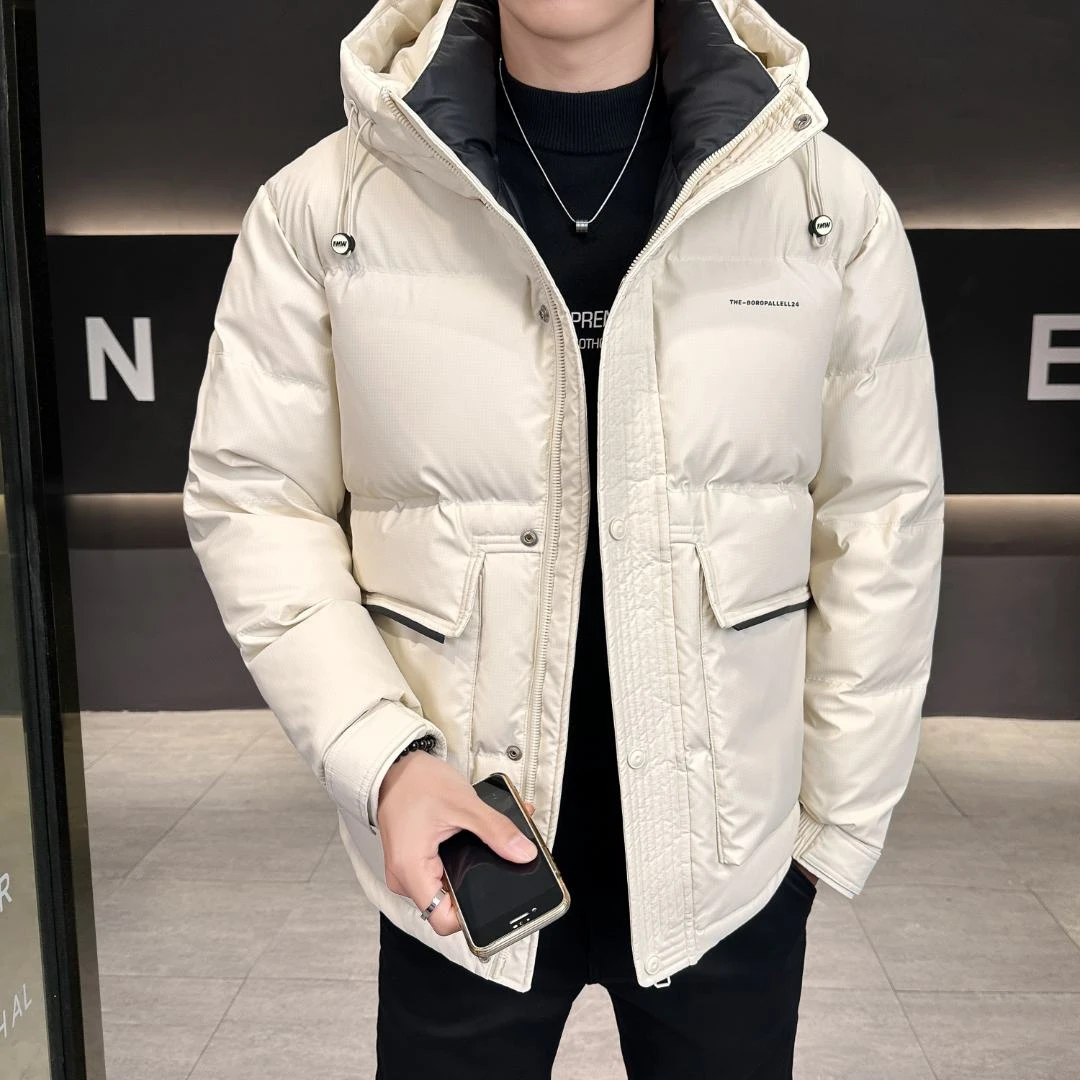 启点2024冬季新款潮流加厚保暖纯色连帽夹克休闲百搭情侣外套男