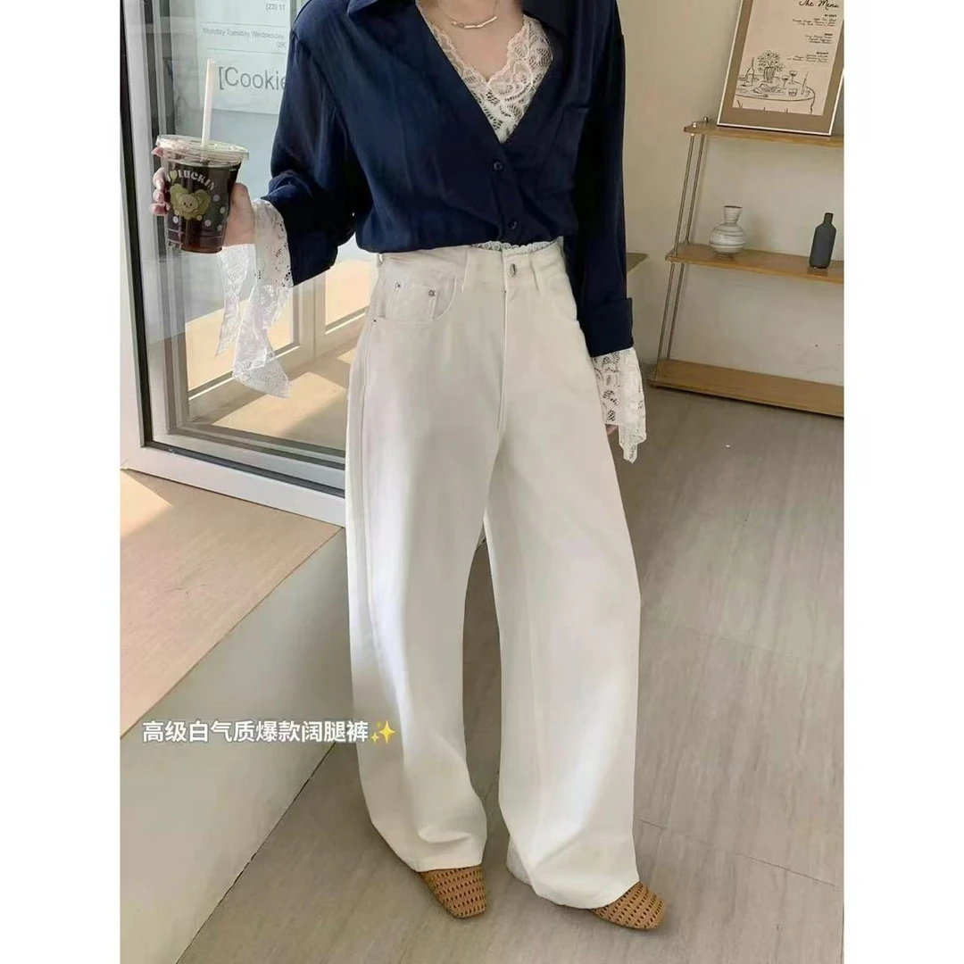 S8151高腰花边阔腿裤牛仔裤女