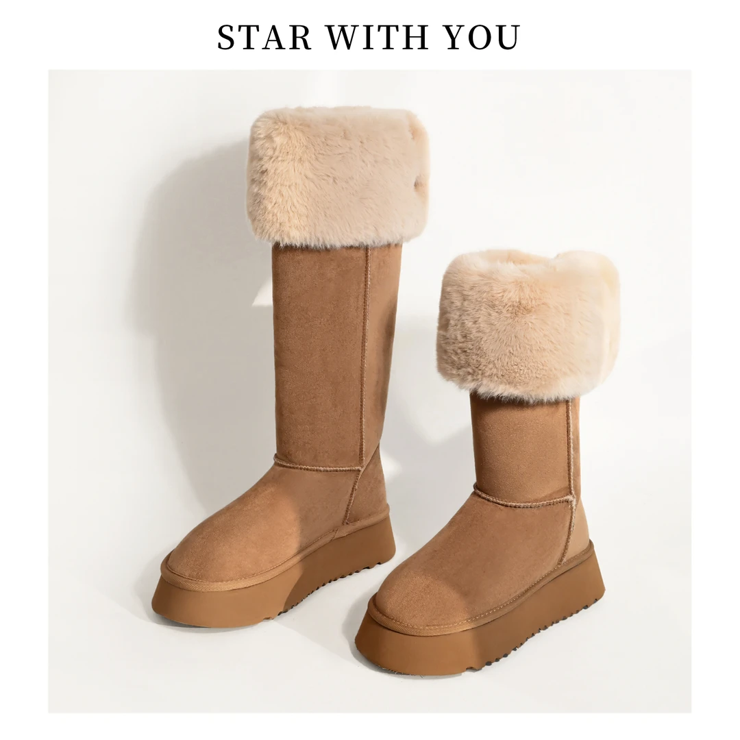 【STAR】冬季女款时尚休闲百搭圆头厚底高筒加绒保暖两穿雪地靴4cm