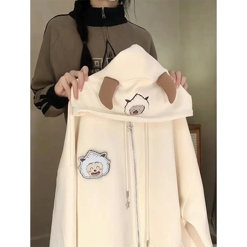 可爱魔术贴懒羊羊连帽外套男女情侣装秋冬加绒设计感甜美开衫卫衣