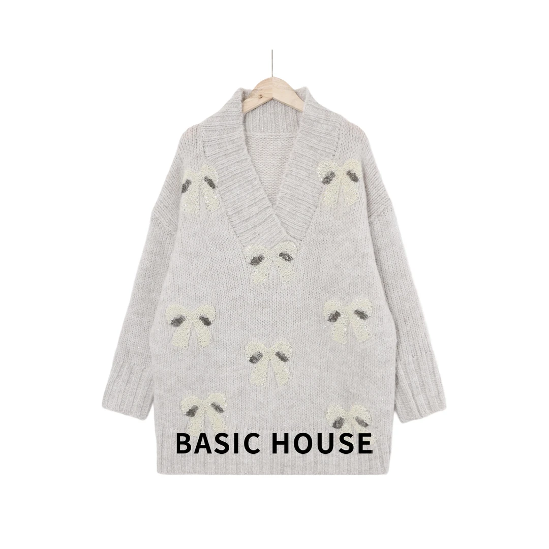 Basic House/百家好荷叶领时尚宽松韩版针织毛衣0Z32