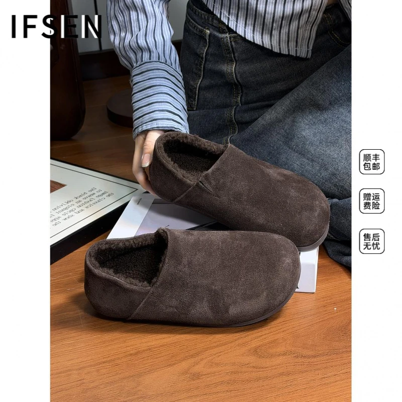 IFSEN磨砂真皮复古大头勃肯鞋女2025冬季新款加绒保暖厚底懒人鞋