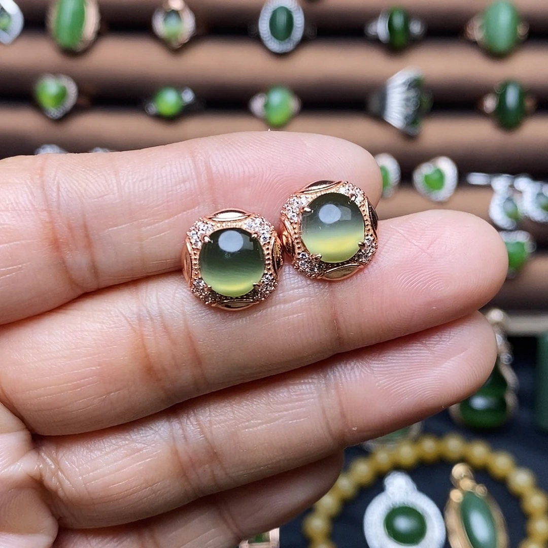 吊坠(不含链)银S925镶嵌和田玉（碧玉）耳饰