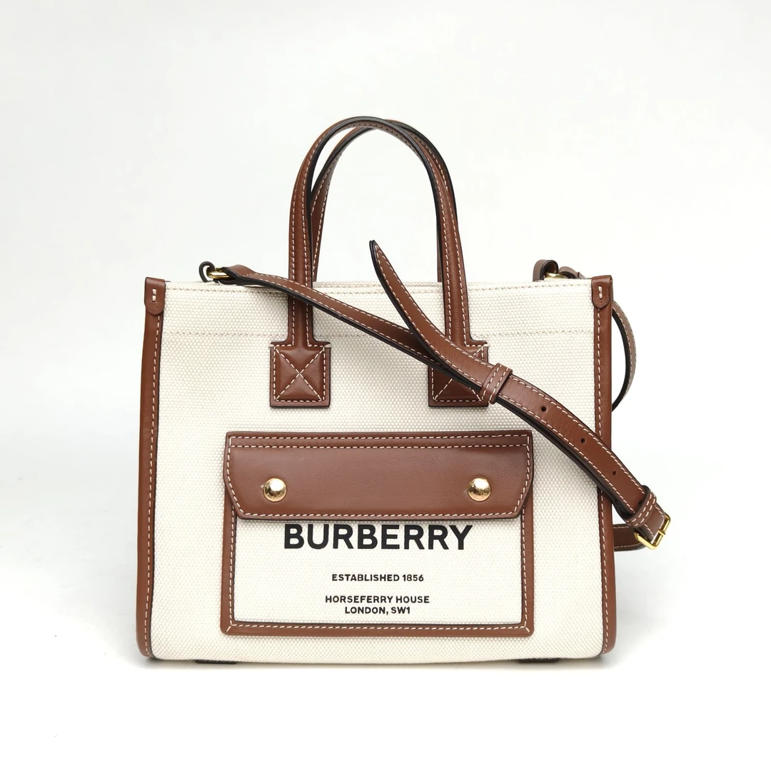 99新 BURBERRY/博柏利 【娇】棕色 皮革C 帆布 托特包 130162