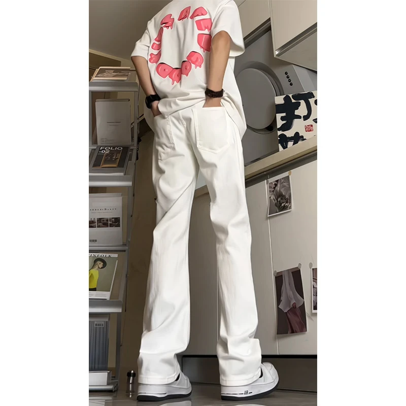 白色窄版修身牛仔裤男款春季百搭直筒裤子美式高街vibe弹力休闲裤
