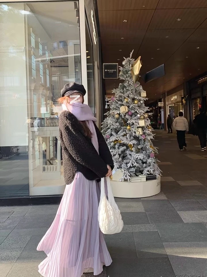 雨雾紫藤压褶半身裙春夏宽松舒适温柔大裙摆a字长裙