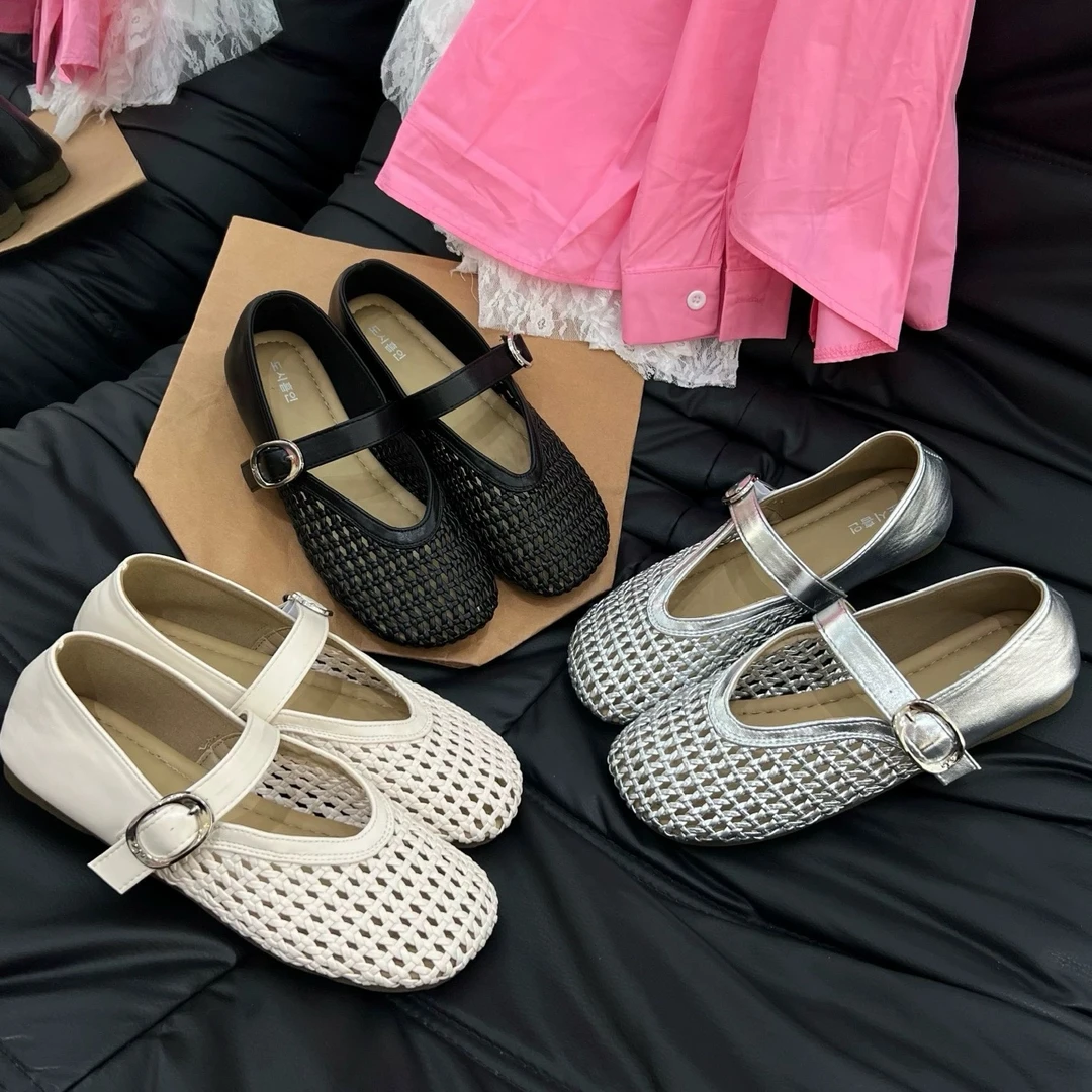 牛皮镂空网面凉鞋女夏季一字扣带圆头平底浅口玛丽珍单鞋
