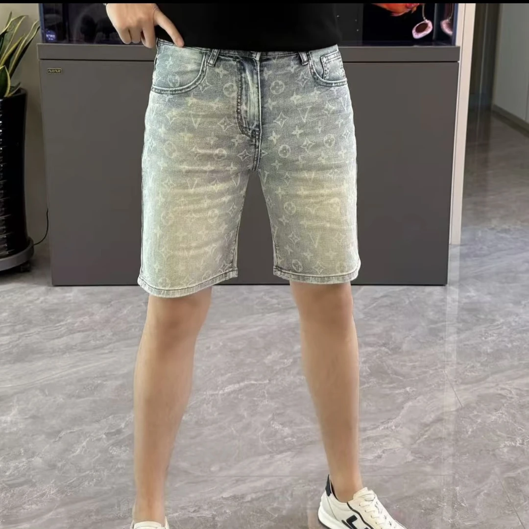 牛仔短裤男款夏季高端印花提花水洗蓝色短裤修身百搭直筒五分裤男