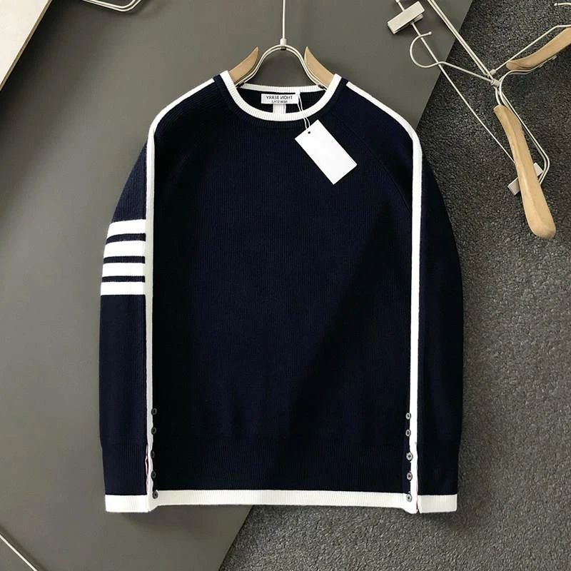 灏吉弧圆领套头针织衫冬季长袖时尚拼色百搭条纹tb毛衣男简约气质