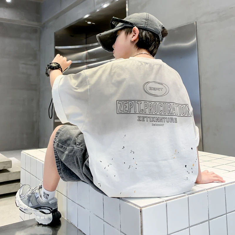 100%纯棉儿童男童夏装T恤2024年新款中大童夏季短袖半袖上衣