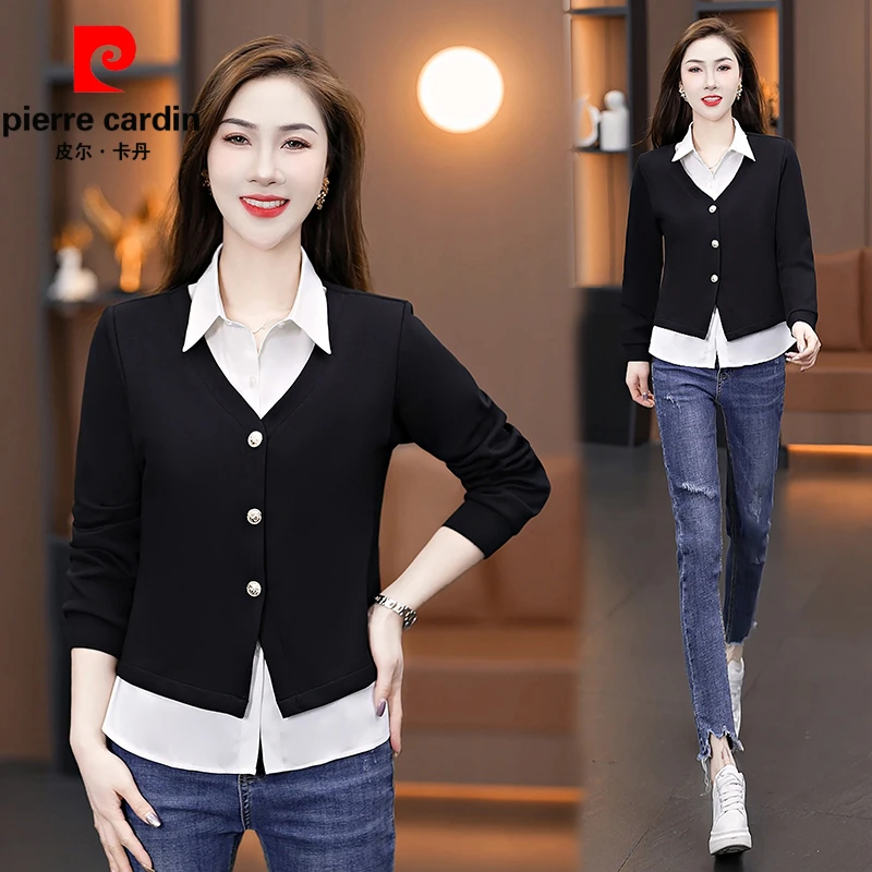 皮尔卡丹春秋2025新款时尚假两件衬衫针织衫简约舒适女款衬衫上衣