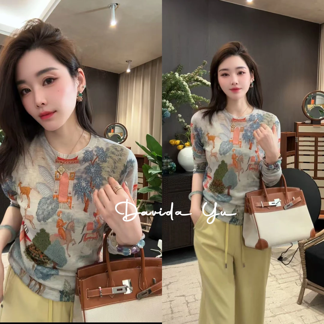 Davida Yu【彩绘】2025春季新款水溶羊毛圆领印花复古上衣61307