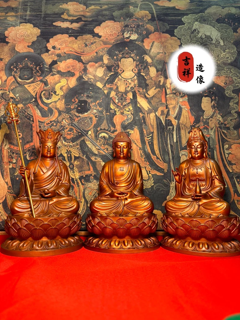 纯紫铜《娑婆三圣》纯手工錾刻家用玄关佛像摆件