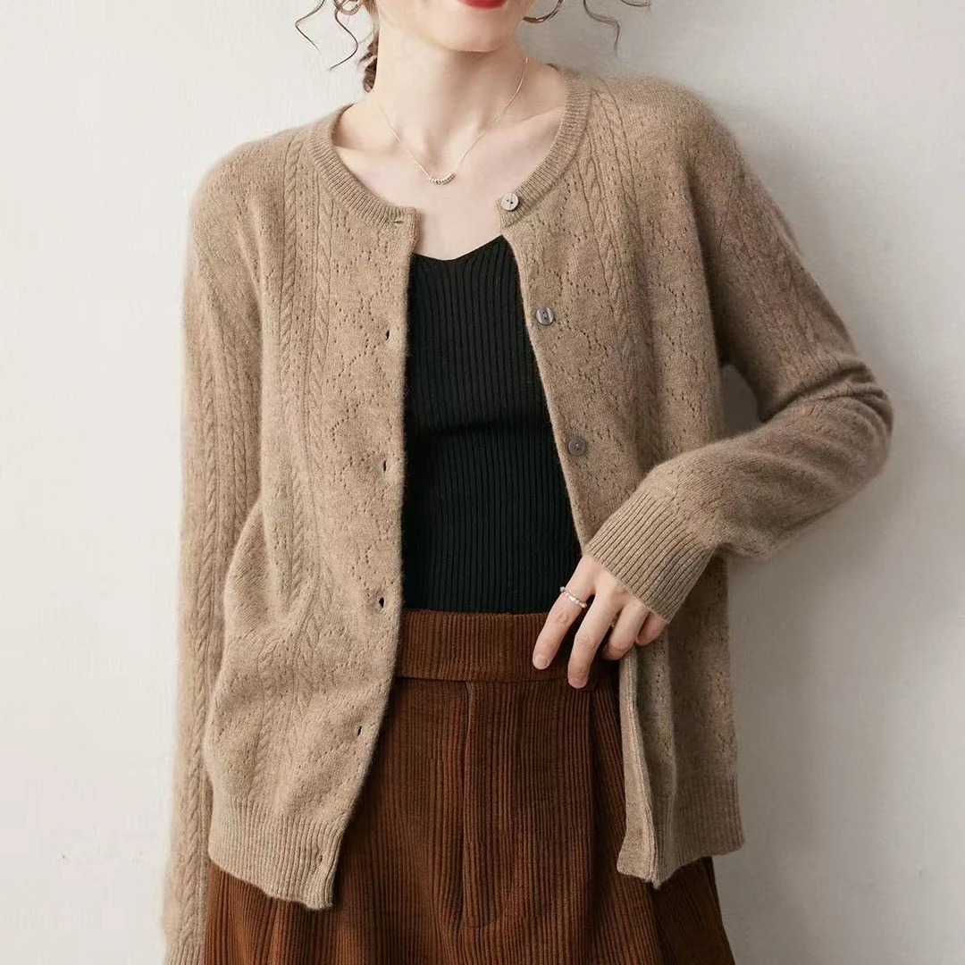 常规圆领衫提花镂空山羊绒开衫女装毛衣纯色镂空 0090