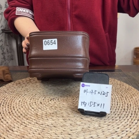 紫砂花盆紫玉金砂竹节四方0654