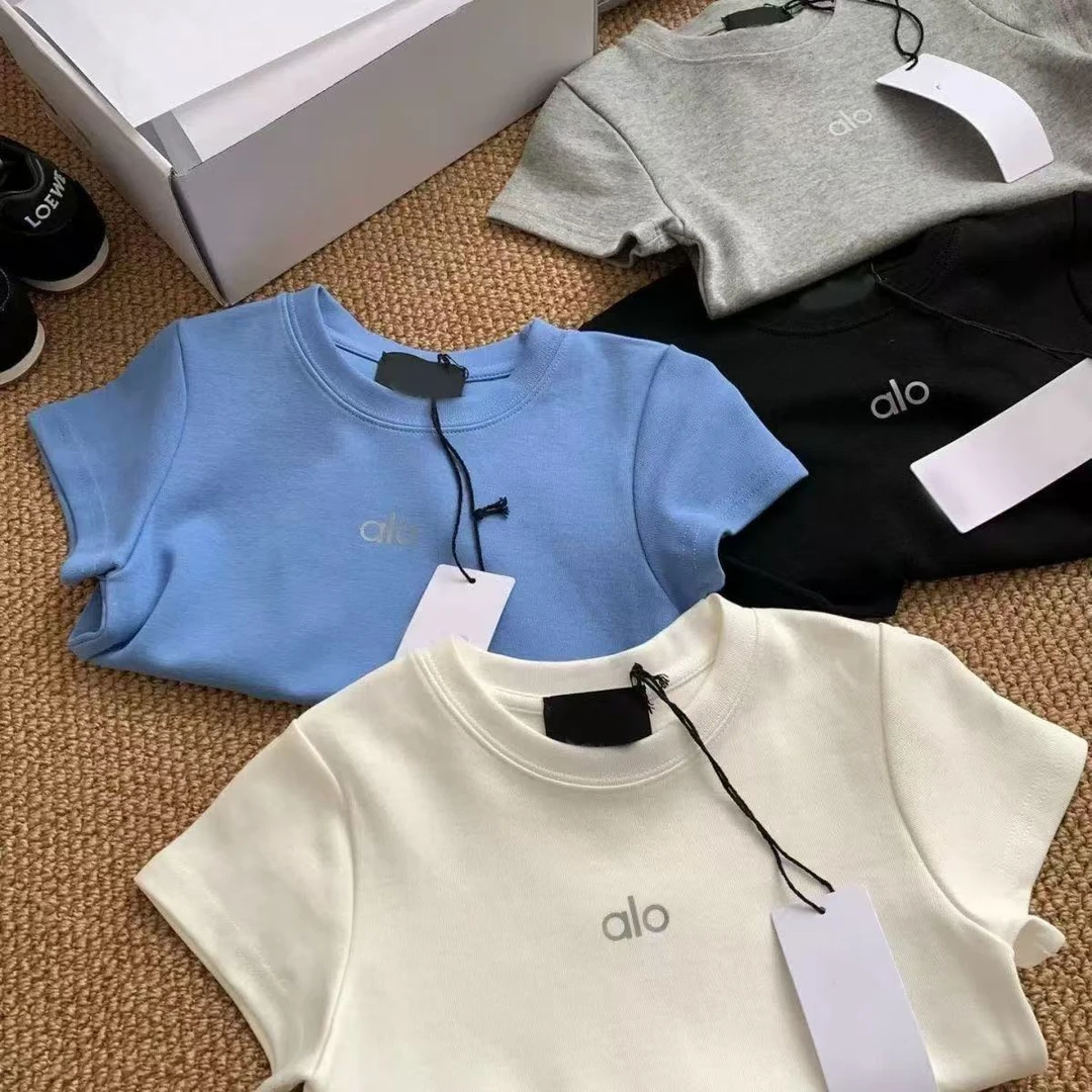 桐森服装 alo辣妹短袖T恤女圆领印花修身正肩健身训练运动上衣女