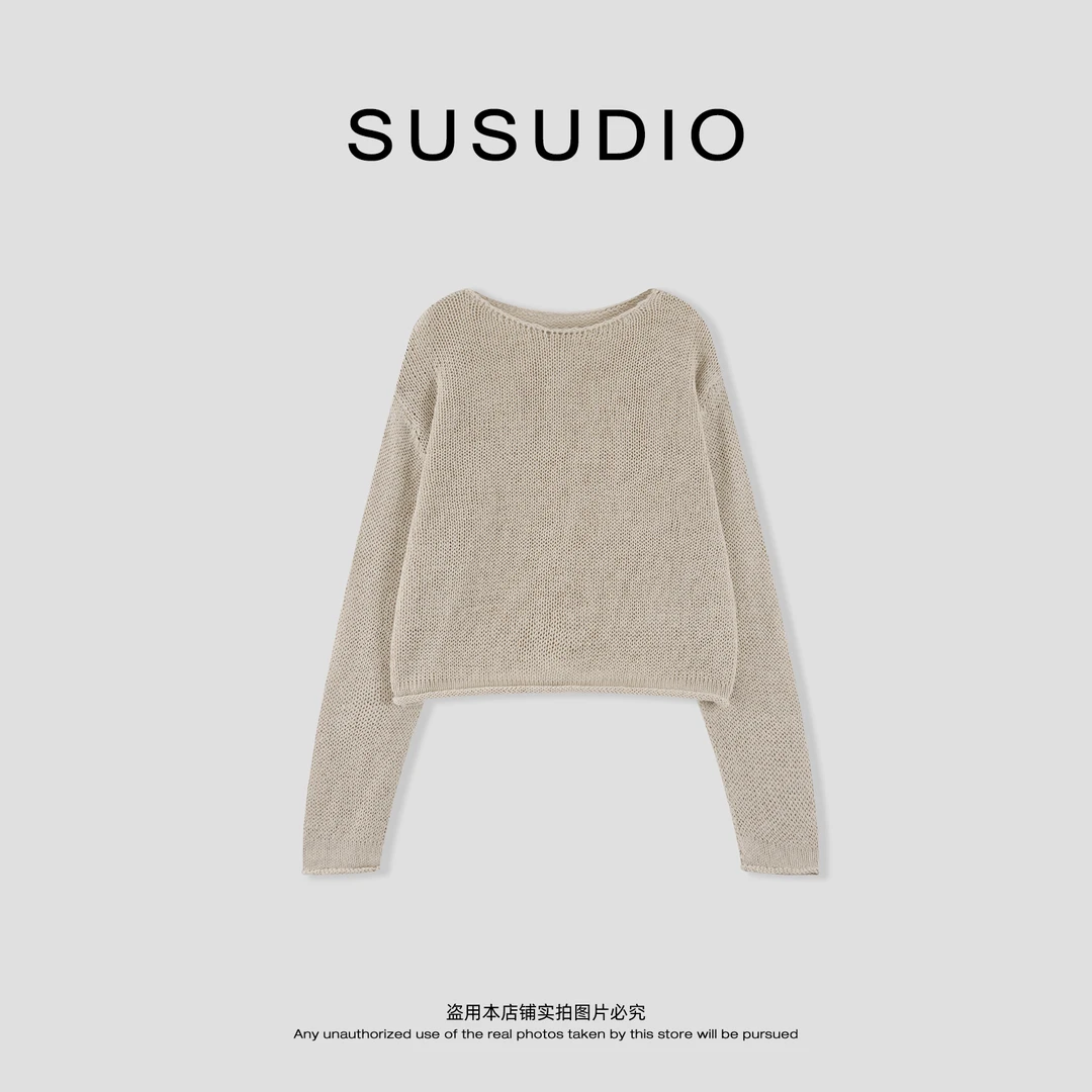 SUSUDIO 进口纱亚麻 早秋宽松显瘦慵懒风卷边百搭针织衫 Z6001