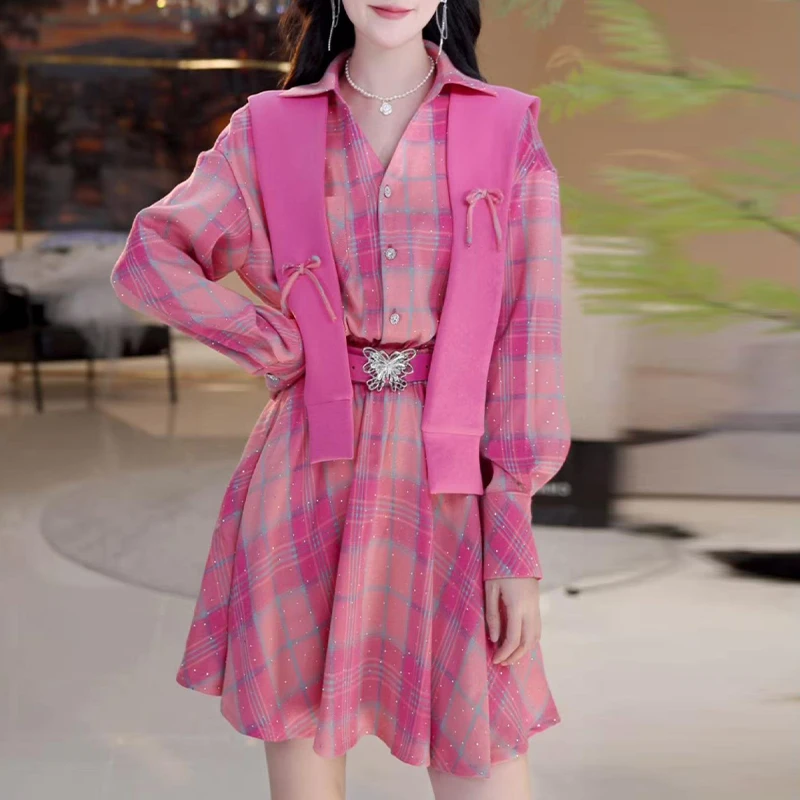 千金风格纹收腰衬衫连衣裙女2025春秋新款小众百搭显瘦A字短裙子