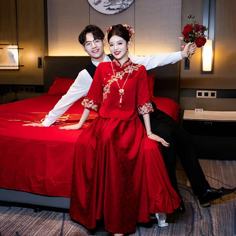 孕妇敬酒服新娘大码胖mm中式秀禾旗袍套装红色订婚礼服裙回门便装