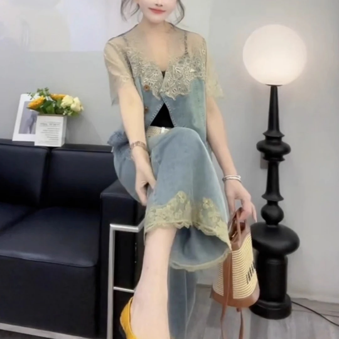 网红蕾丝宫廷风复古牛仔两件套夏季薄款时尚阔腿九分裤百搭短外套