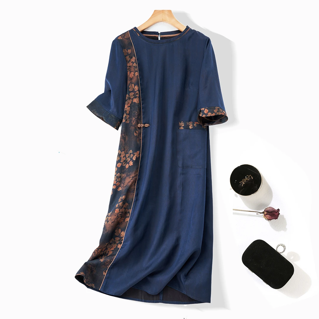 100%桑蚕丝连衣裙宽松国风复古印花圆领通勤香云纱宽松女装连衣裙