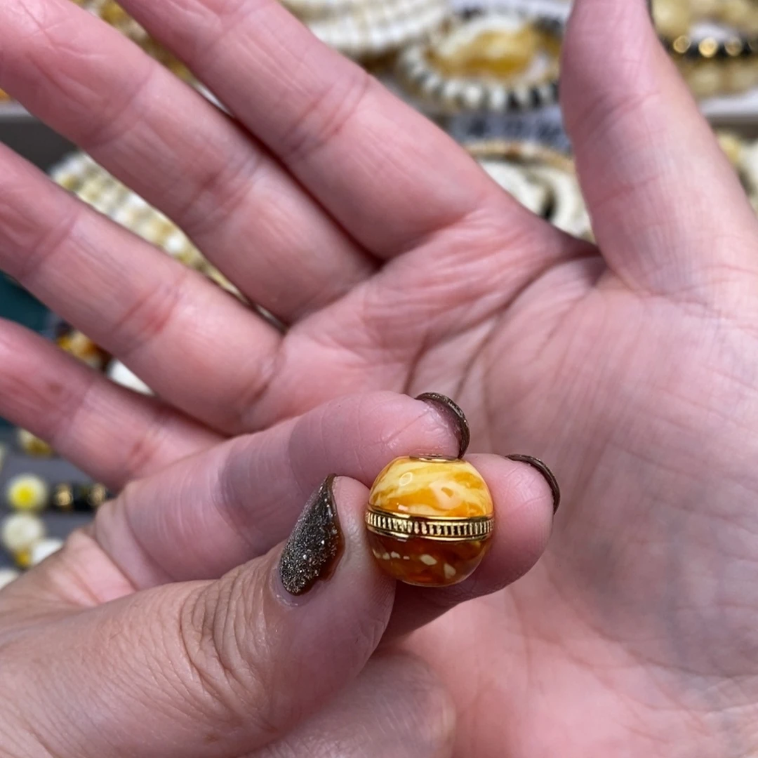 琥珀裸石银S925镀金镶嵌应*.老花蜡汉堡珠13