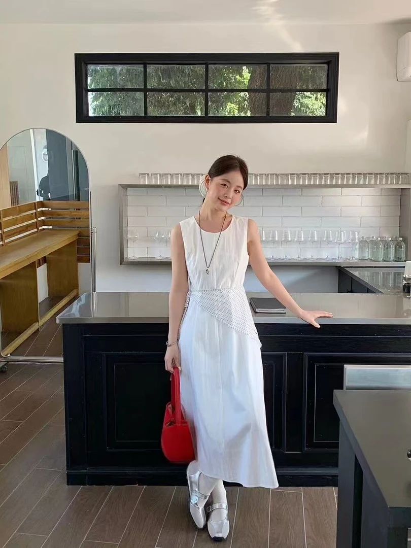 常规夏季无袖无袖裙简约连衣裙收腰时尚中长款白色吊带裙裙子