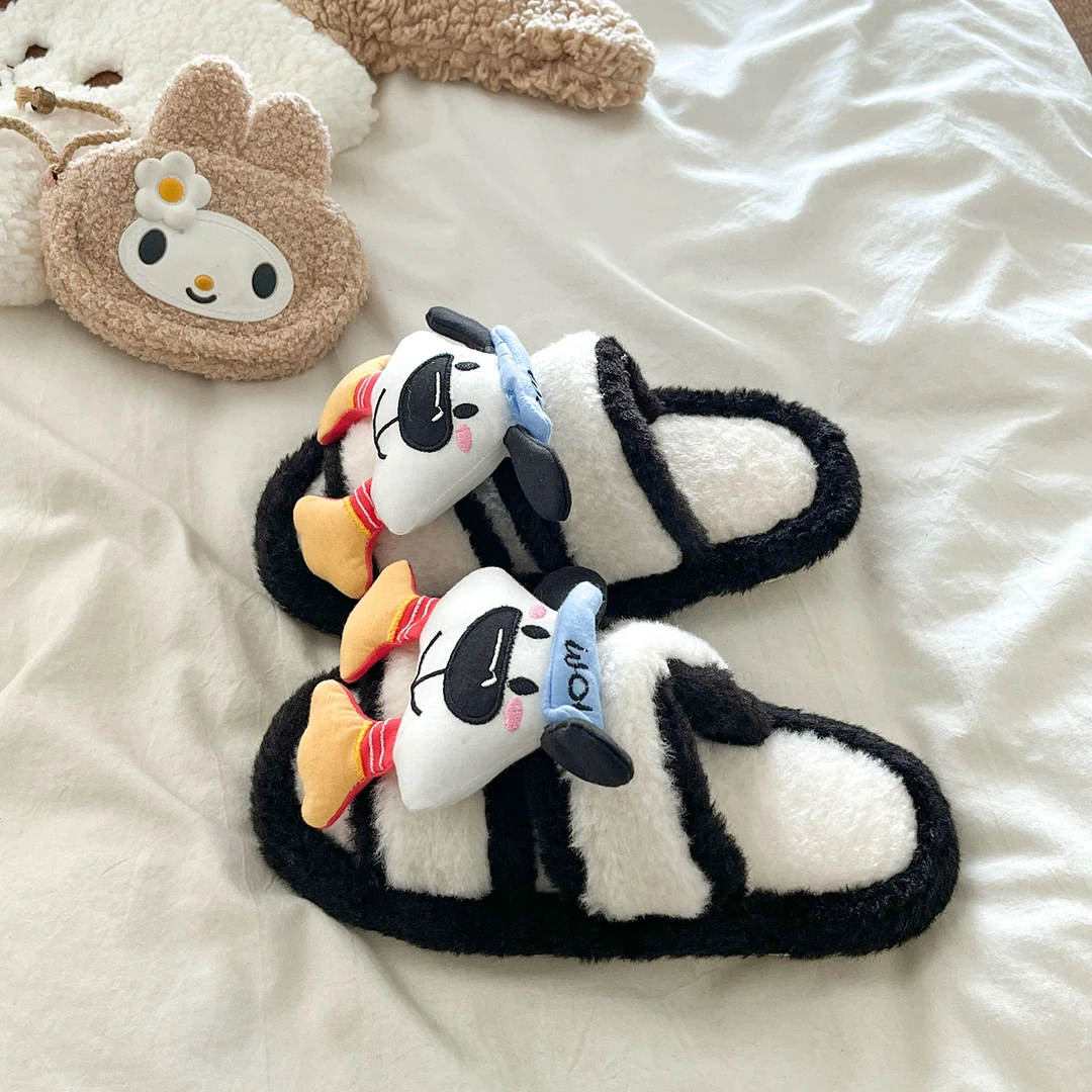 卡通可爱毛绒玩偶一字拖鞋女2025秋冬季新款外穿拼色百搭毛毛棉鞋
