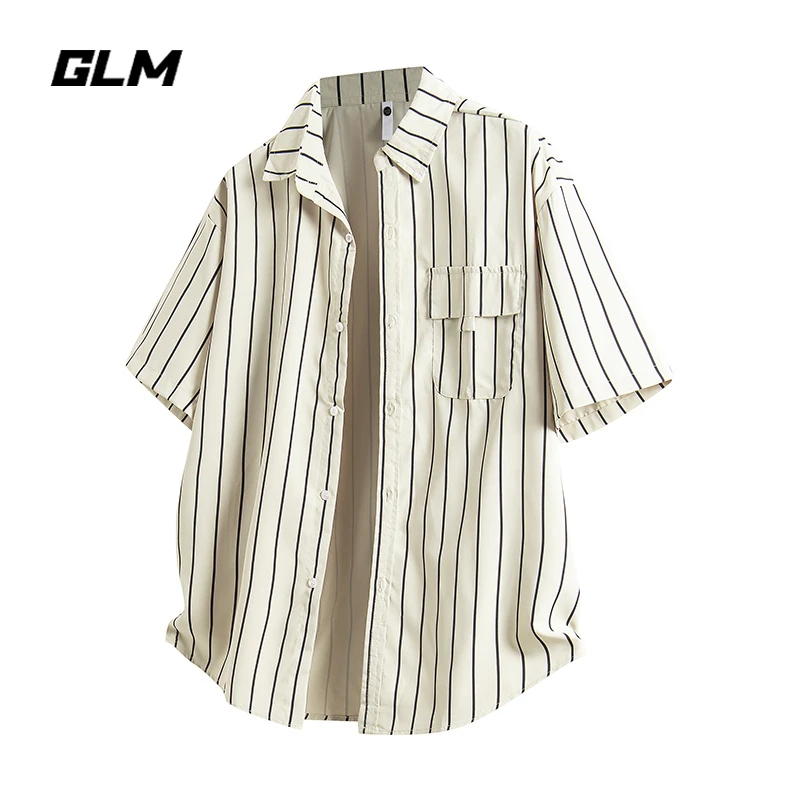 GLM春季新款短袖寸衫日系高级感休闲宽松线条工装衬衫外套 男潮