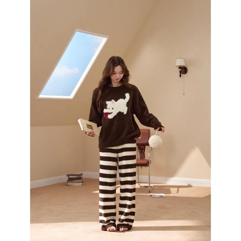 Sugar NaNa 秋冬女款顽皮猫加绒休闲家居服半边绒套装