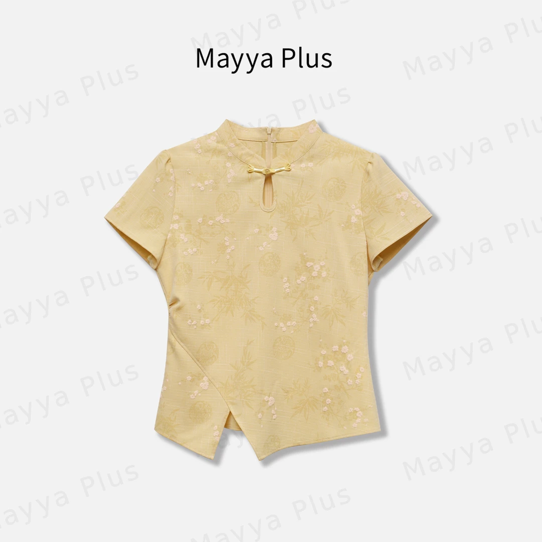【竹影】Mayya Plus麦芽定制国风盘扣短袖刺绣显瘦斜摆上衣32528698