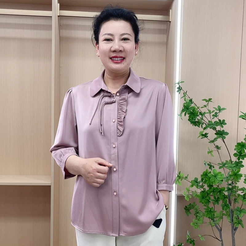 春季大码方领木耳花边丝缎9分袖小衫XW2512