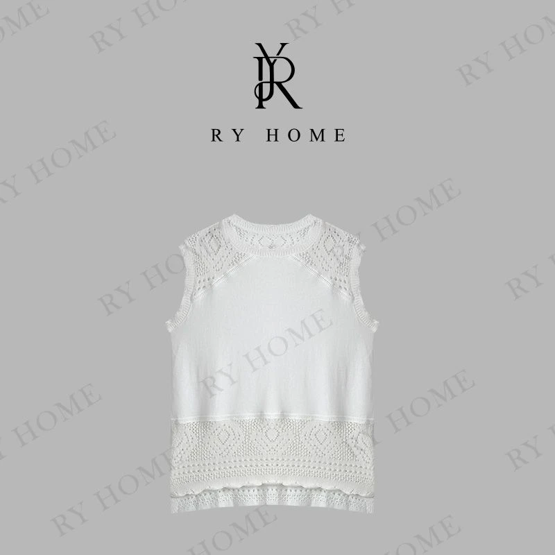 【容雨RYHOME】高端圆领镂空针织拼接无袖衬衫252T2027