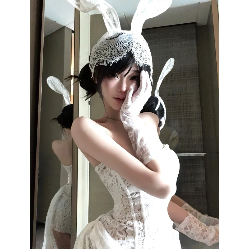 Yese*纯白花嫁*绑带版*大码*性感蕾丝绑带修身网纱抹胸包臀短裙